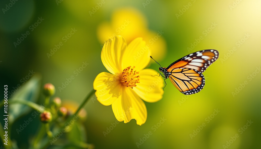 A monarch butterfly with vibrant orange wings flutters on a yellow flower, capturing the essence of nature's beauty A monarch butterfly with vibrant orange wings flutters on a yellow flower, capturing the essence of nature's beauty