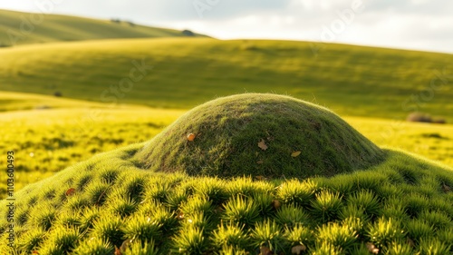 A small hill covered in green moss stands out against a backdrop of rolling hills under a sunny sky photo