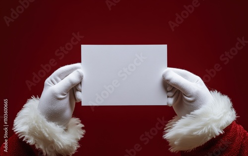 Santa holding a white card. The card is blank and the santa is wearing white gloveS