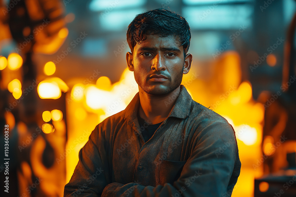 Fototapeta premium Young worker in industrial setting with fiery background during evening hours. Generative AI