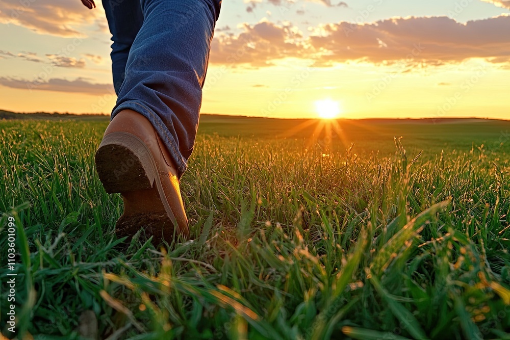 Walking on Grass at Sunset in Jeans and Brown Shoes Walking on Grass at Sunset in Jeans and Brown Shoes