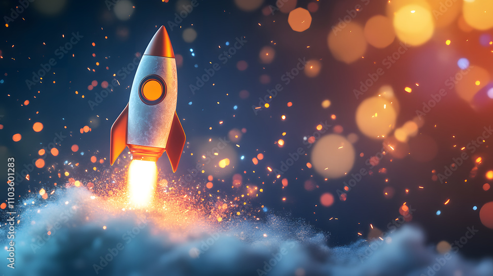 Inspiration concepts with rocket light bulb and colorful sparks on blue background. Business start up Ideas,Generative ai Inspiration concepts with rocket light bulb and colorful sparks on blue background. Business start up Ideas,Generative ai