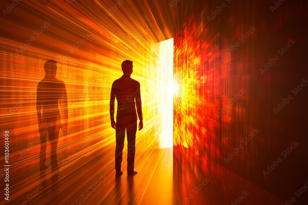 New year new me concept. A person stands at a glowing doorway, surrounded by radiant light beams. New year new me concept. A person stands at a glowing doorway, surrounded by radiant light beams.