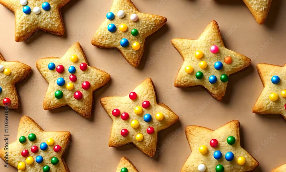 Colorful Candy-Covered Star-Shaped Sugar Cookies on Tan Background