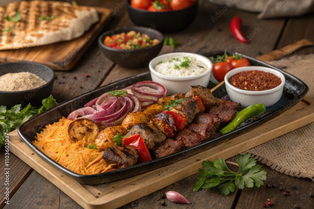 Exquisite Spicy Grill Platter: Chicken, Beef, and Onions - Top View of Authentic Arabian Cuisine for Food Lovers and Culinary Enthusiasts Exquisite Spicy Grill Platter: Chicken, Beef, and Onions - Top View of Authentic Arabian Cuisine for Food Lovers and Culinary Enthusiasts