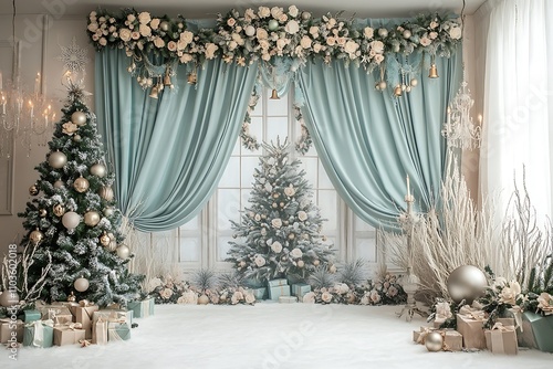 Vintage-style light blue and sage green photo backdrop with a large window, curtains, flowers, a big christmas tree, ball, bell and garland hanging from the ceiling 