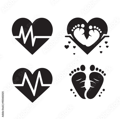 Set of heart pulse with heart and babys feet 

vector illustration
