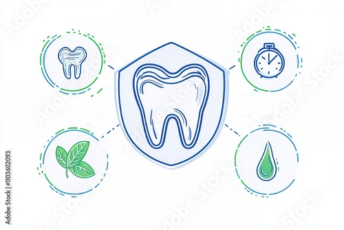 Remineralizing Gum Benefits Illustrated with Tooth and Shield.  Health campaigns and dental product advertisements, space for text.