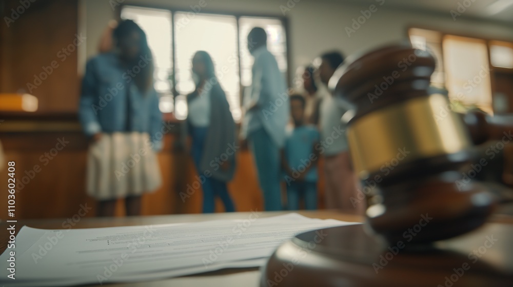 Judge in courtroom reviewing adoption papers with a family nearby. Society, child welfare institutions, family happiness, family affection, legal aid, justice, family unity Judge in courtroom reviewing adoption papers with a family nearby. Society, child welfare institutions, family happiness, family affection, legal aid, justice, family unity