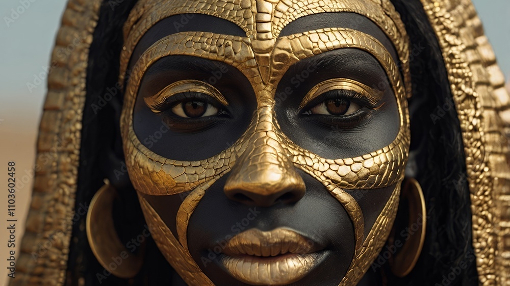 close up, black face of human being reptilian like in a peaceful way, close eyes, VOGUE style photography, death goddess, pharaoh heavenly clothing, black and gold colors, ultra high quality model close up, black face of human being reptilian like in a peaceful way, close eyes, VOGUE style photography, death goddess, pharaoh heavenly clothing, black and gold colors, ultra high quality model