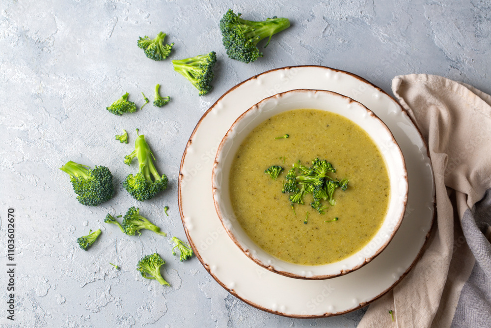 Broccoli soup and green vegetable soup, creamy diet soup, served hot