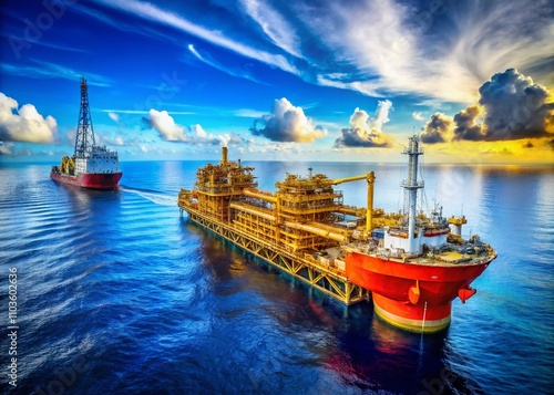 Floating Production Storage and Offloading Vessel Near Oil Platform Surrounded by Ocean: Active Oil and Gas Industry Operations in Progress with Clear Sky and Copy Space for Text photo