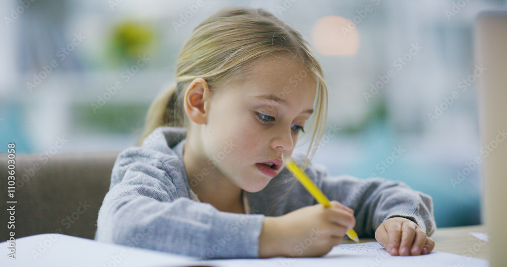 Girl, child and home for creative drawing, education and thinking on picture for learning at desk. Female person, homework and writing in book for artistic assignment, mind development and activity