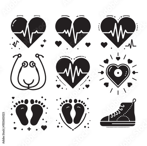Set of heart pulse with heart and babys feet 

vector illustration