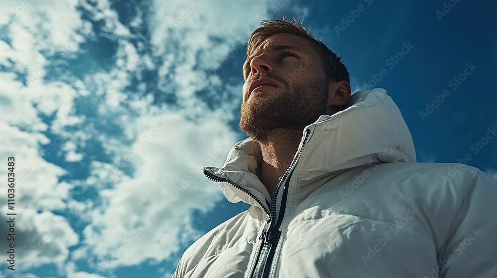 White man in a white jacket shot against a sky background White man in a white jacket shot against a sky background