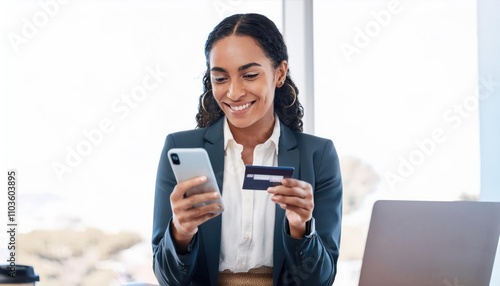 Happy woman, phone or payment with credit card for online shopping or fintech purchase at office photo