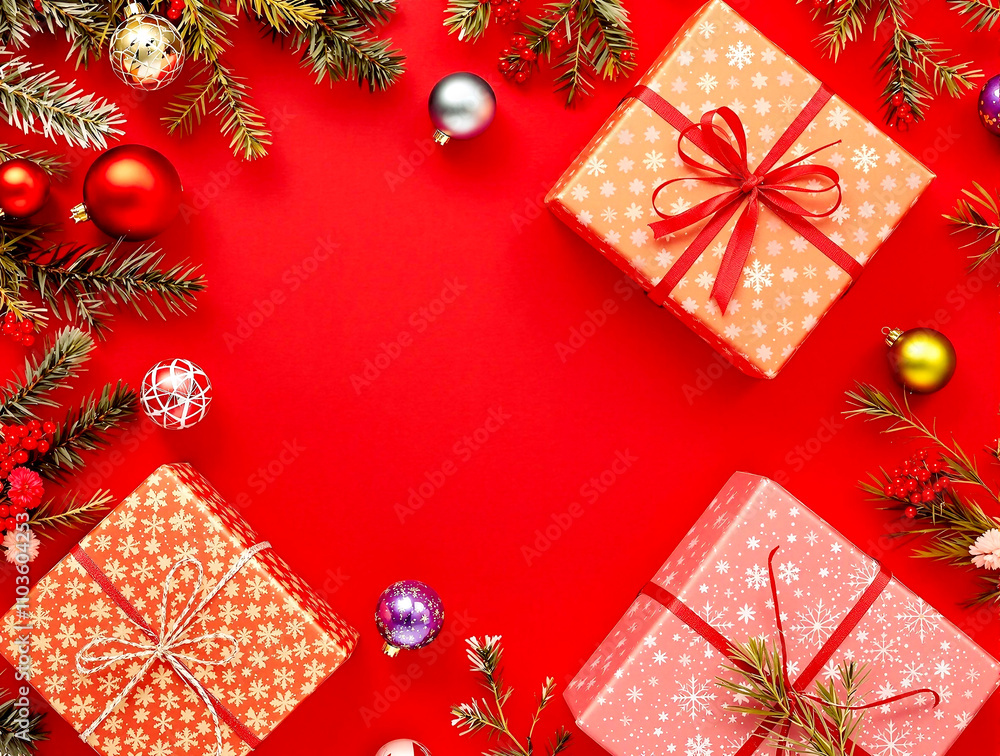 Christmas background design. Merry christmas greeting red background with gift box, spruce, xmas balls, gold stars Christmas background design. Merry christmas greeting red background with gift box, spruce, xmas balls, gold stars