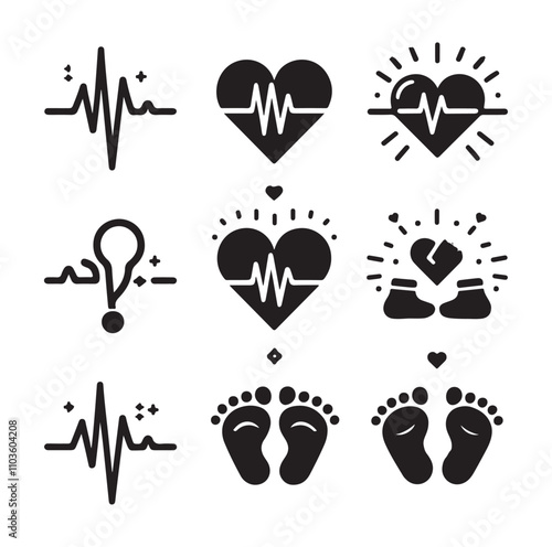 Set of heart pulse with heart and babys feet 

vector illustration