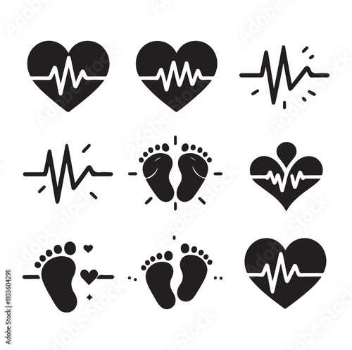 Set of heart pulse with heart and babys feet 

vector illustration