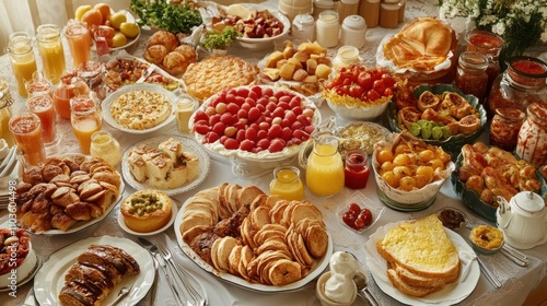 BREAKFAST BUFFET TABLE FULL OF VARIOUS FOODS