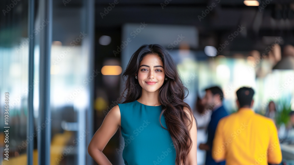 young indian woman standing at modern office young indian woman standing at modern office