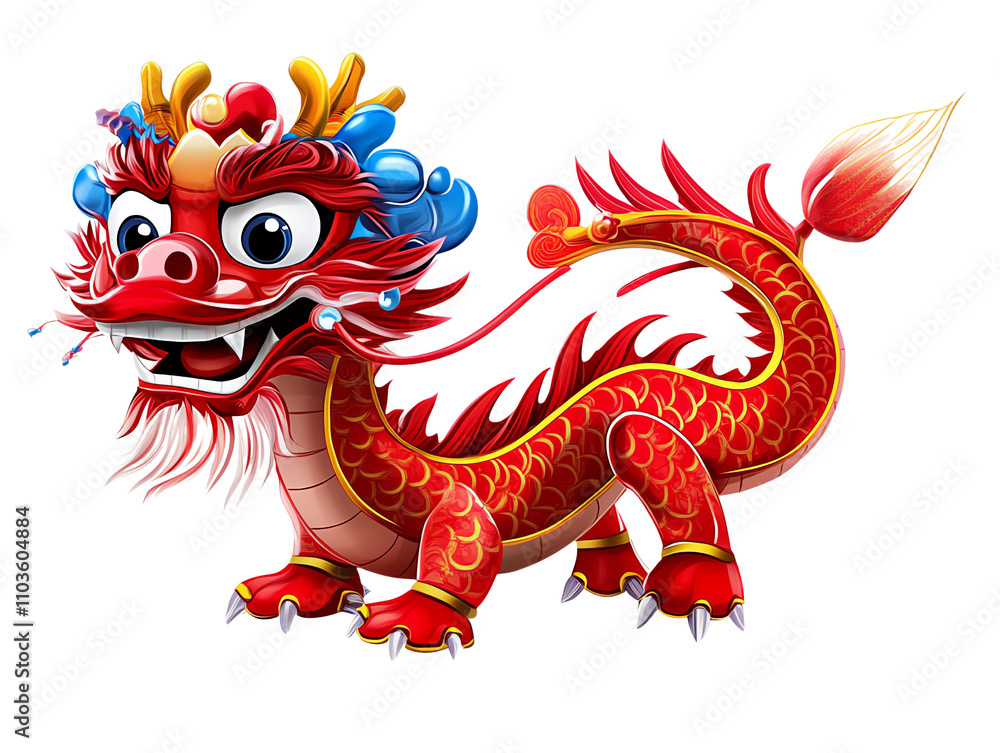 Fototapeta premium Colorful cartoon dragon with bright features, white isolated background.