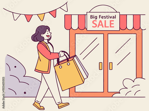 Beautiful cartoon girl with shopping bag and discounted products