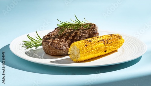 Grilled Steak with Charred Corn on the Cob and Herb Garnish photo