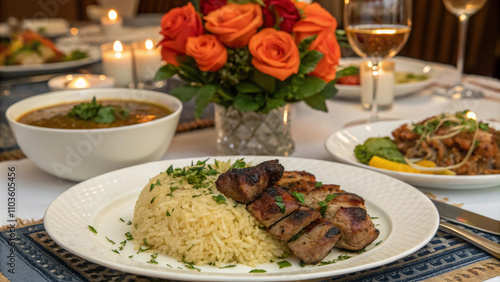 Wallpaper Mural Delicious grilled meat platter served with rice and aromatic spices at a cozy restaurant with floral decorations Torontodigital.ca