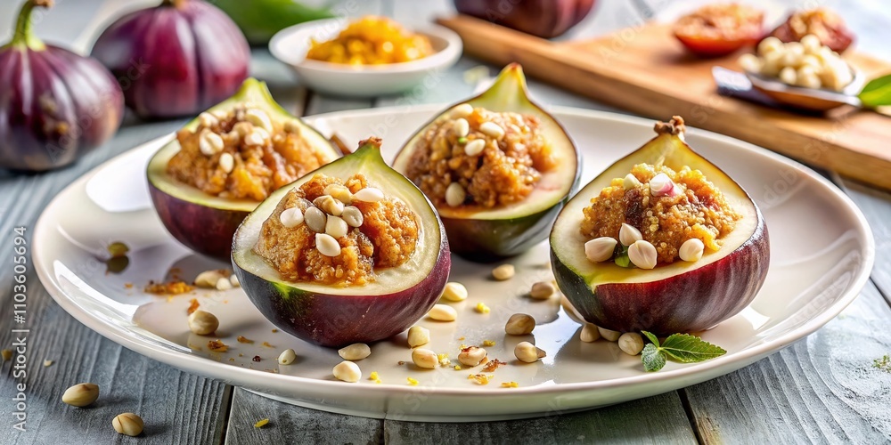 Fresh Figs Stuffed with Ricotta Cheese and Topped with Walnuts and Honey Drizzle on a White Plate Perfect for Gourmet Food Photography Fresh Figs Stuffed with Ricotta Cheese and Topped with Walnuts and Honey Drizzle on a White Plate Perfect for Gourmet Food Photography