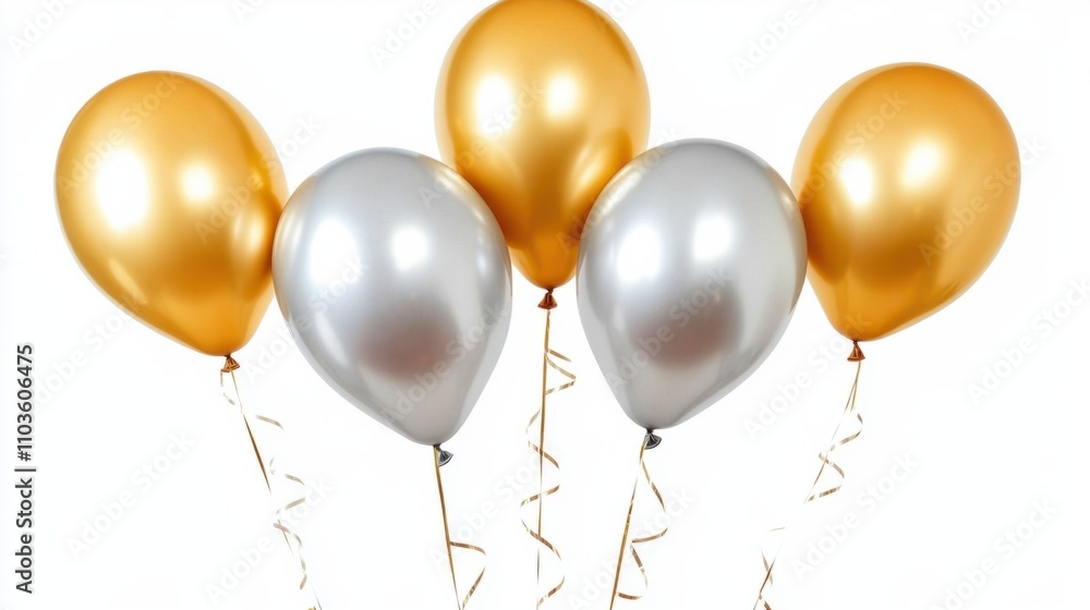 Elegant set of golden and silver balloons tied together, floating gracefully, isolated on white Elegant set of golden and silver balloons tied together, floating gracefully, isolated on white