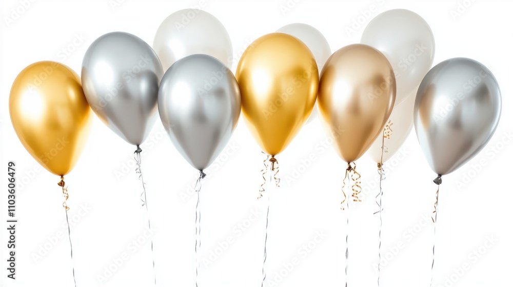 Elegant set of golden and silver balloons tied together, floating gracefully, isolated on white Elegant set of golden and silver balloons tied together, floating gracefully, isolated on white