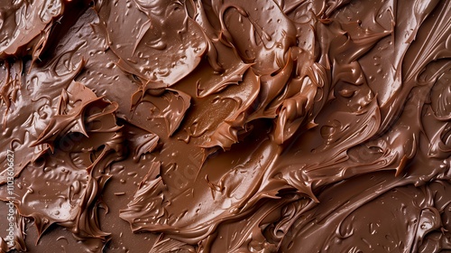 A close-up view of smooth, rich chocolate spread with a glossy texture.
