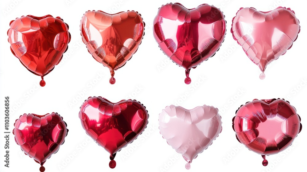 Fototapeta premium Fancy heart-shaped balloons in red and pink, with a glossy surface, perfect for celebrations, on white