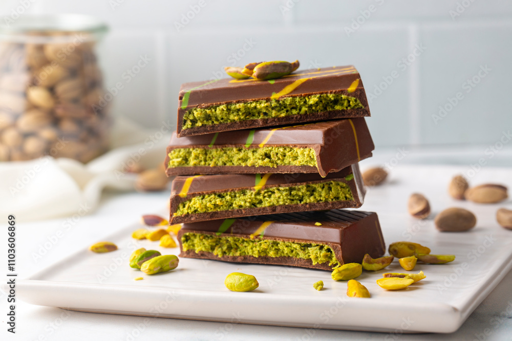 Dubai chocolate, pistachio paste and kunefe filled milk chocolate