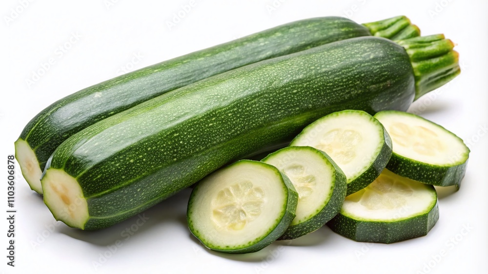 Fresh Green Zucchini with Sliced Pieces Isolated on White Background, Top View, Perfect for Healthy Eating, Cooking, and Recipe Imagery Fresh Green Zucchini with Sliced Pieces Isolated on White Background, Top View, Perfect for Healthy Eating, Cooking, and Recipe Imagery