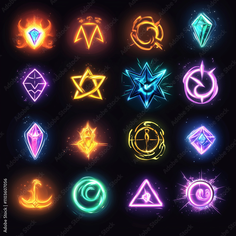 Video game art assets. A collection of magical symbols. Bright glowing vibrant colors. Dark background. Graphic novel art style. Simple minimalistic design. Video game art assets. A collection of magical symbols. Bright glowing vibrant colors. Dark background. Graphic novel art style. Simple minimalistic design.