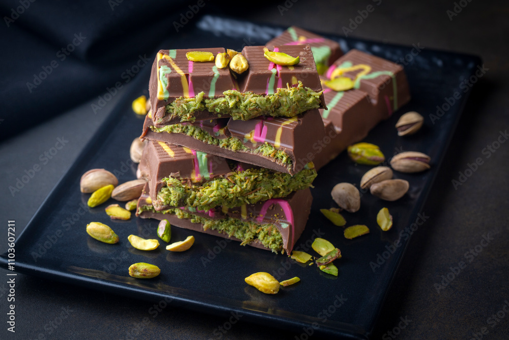 Dubai chocolate, pistachio paste and kunefe filled milk chocolate