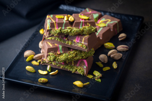 Obraz na płótnie Dubai chocolate, pistachio paste and kunefe filled milk chocolate w salonie