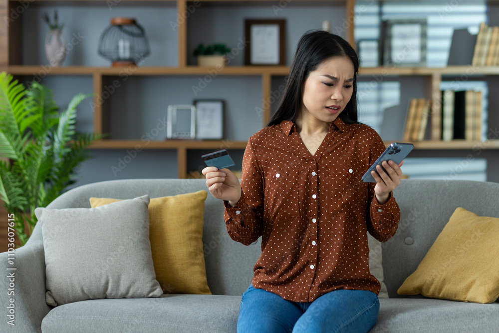 © Liubomir - Concerned Asian woman using smartphone with credit card in hand sitting on couch. Concept of online shopping, banking issues, security concern, or financial stress. Focus on phone use.