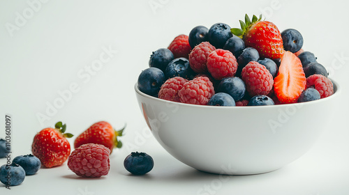 A white bowl filled with fresh raspberries, blueberries, and strawberries. A few berries sit scattered on a white surface next to the bowl, creating a vibrant and healthy image.