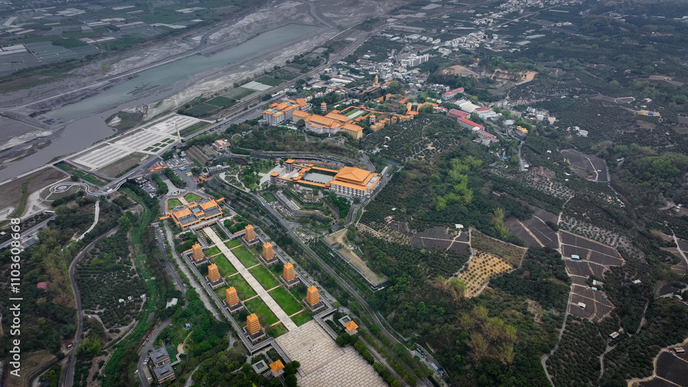 Fototapeta premium Aerial view of Fo Guang Shan Buddha Complex in Taiwan highlighting its vast grounds