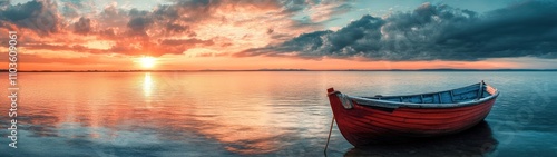 Serene sunset over calm waters with a lone red boat.