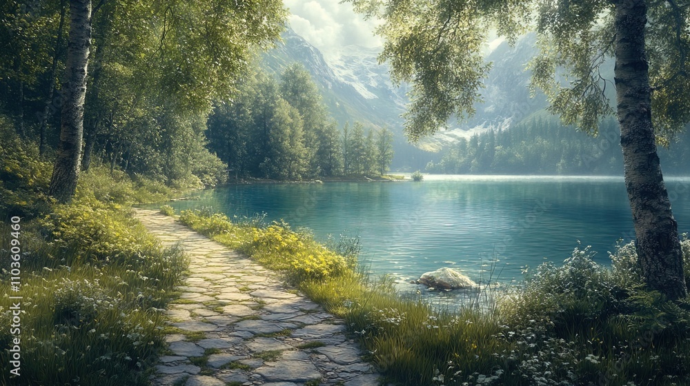 Fototapeta premium Scenic pathway along a serene lake