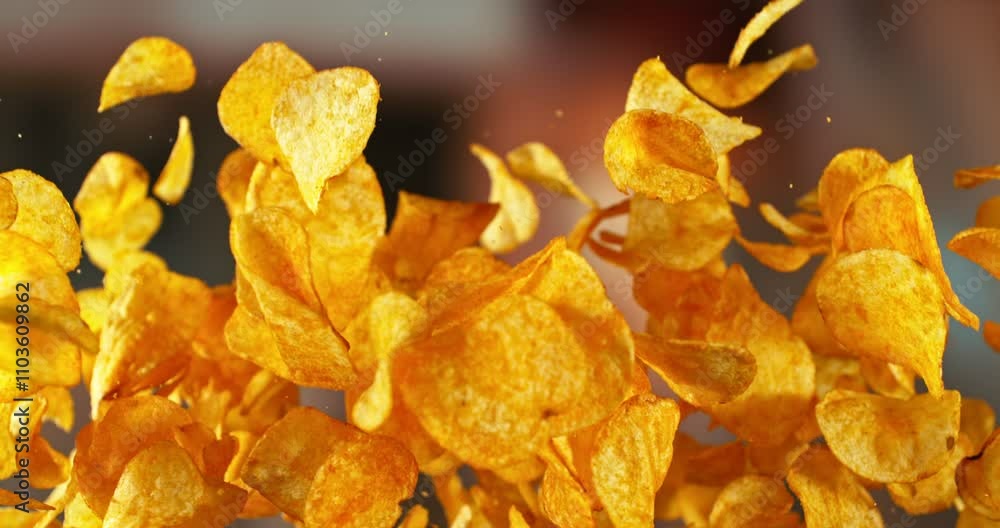 Super Slow Motion of Flying Fried Pepper Potatoes Chips. Abstract Blur Interior on Background. Filmed on High Speed Cinema Camera , 1000fps. Camera in Motion. Super Slow Motion of Flying Fried Pepper Potatoes Chips. Abstract Blur Interior on Background. Filmed on High Speed Cinema Camera , 1000fps. Camera in Motion.