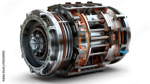 A detailed rendering of a complex engine component showcasing intricate mechanical design and engineering.