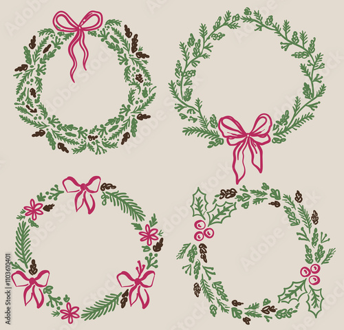 Beautiful hand drawn whimsical style vector Christmas decorative wreaths set