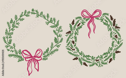 Beautiful hand drawn whimsical style vector Christmas decorative wreaths set