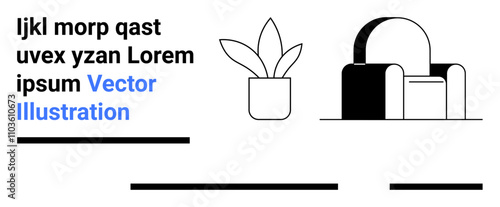 Black and white design with a potted plant, modern armchair, and text blocks. Ideal for web design, home decor blogs, minimalist branding, interior design websites, furniture ads, educational