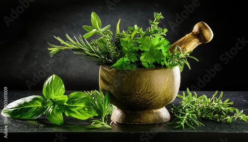 Aromatic Herbs With Mortar - Fresh Spices For Cooking photo